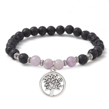 Bracelet with Lava Stone and Amethyst with Tree of Life Pendant